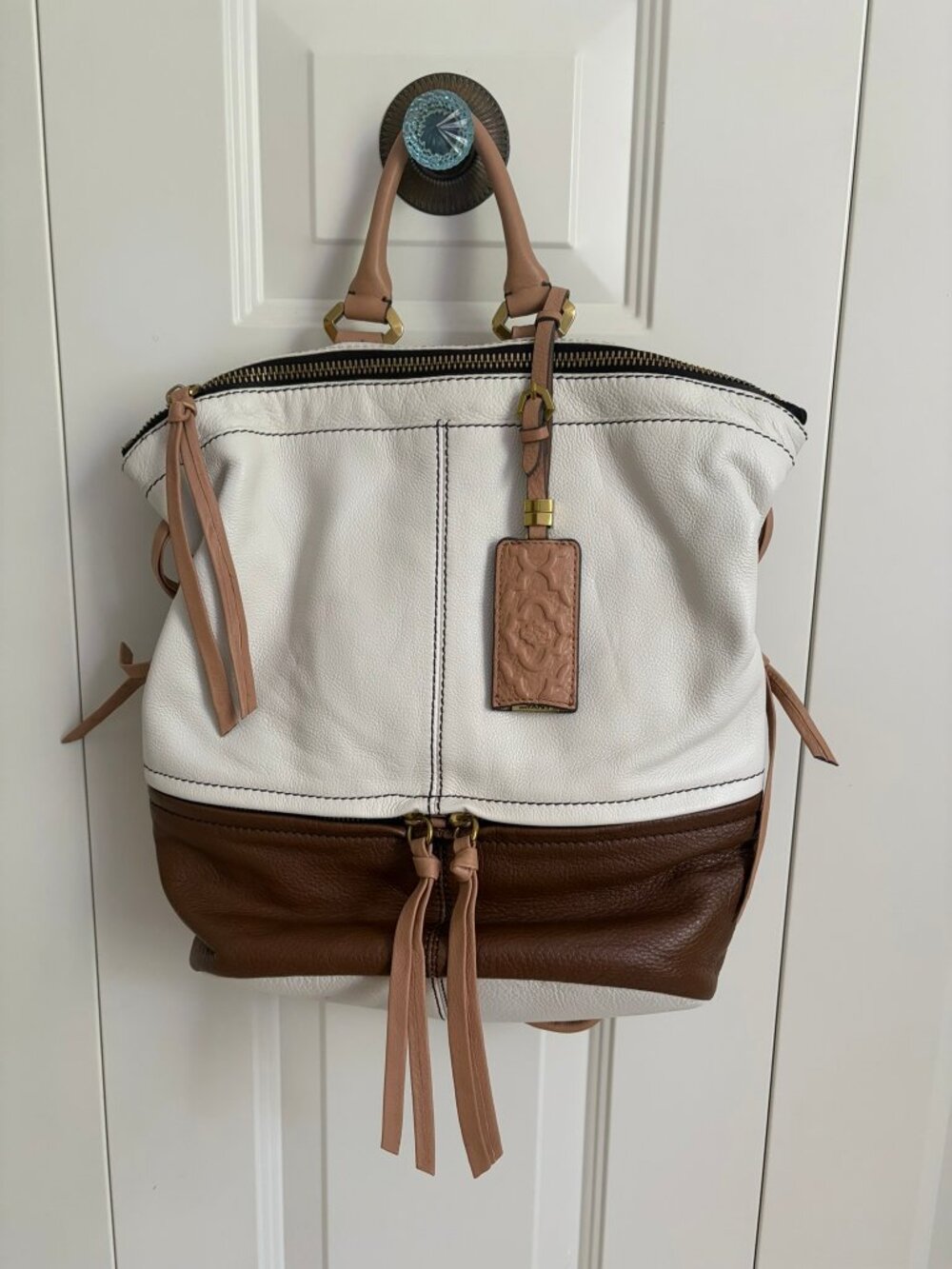 orYANY Holly Color Blocked Cream and Brown Leather Backpack NWOT